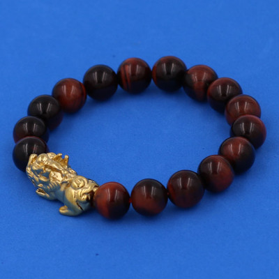 Vòng tay chuỗi hạt Tỳ Hưu inox vàng mix Đá Mắt Hổ Đỏ Đen 10 ly - hợp mệnh Hỏa, mệnh Thổ