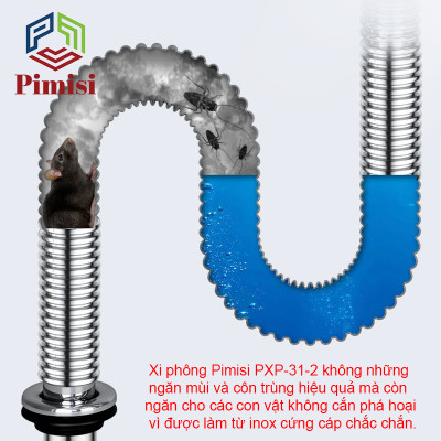 Xi Phông Chậu Rửa Bát 2 Hố Pimisi PXP-31-2 Inox Cao Cấp Kiểu Chun Uốn - Bẻ Cong, cho Bồn Rửa Chén 2 Hộc Đôi | Chính Hãng