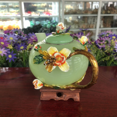 Bộ ấm trà chạm hoa hồng đá ngọc cẩm thạch xanh