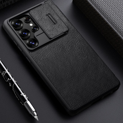 Bao da chống sốc ngăn đựng thẻ card cho Samsung Galaxy S25 Ultra , S25 Plus , S25 hiệu Nillkin Qin Pro - Da PU cao cấp, Viền TPU, sang trong, nắp trượt bảo vệ camera - Hàng nhập khẩu