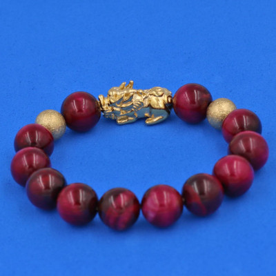 Vòng đeo tay Đá Mắt Hổ Đỏ 12 ly - cẩn Tỳ Hưu Phong Thủy inox vàng VMHOTHHBV12 - hợp mệnh Hỏa, mệnh Thổ