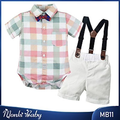 Bộ quần áo sơ sinh bé trai cao cấp, phong cách công tử, sơ mi cộc tay & quần dây đeo, áo cotton mịn mát, quần vải thô dày dặn | MB11