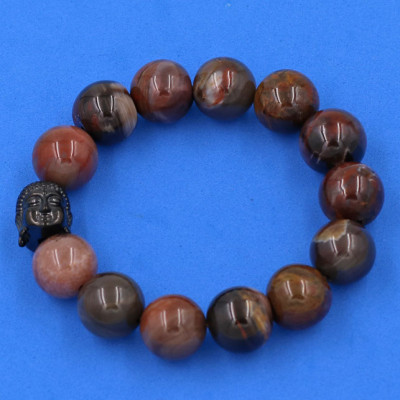 Vòng đeo tay gỗ hóa thạch 14 ly cẩn hạt Phật A Di Đà inox đen VGHTNLE14