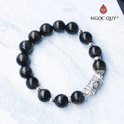 Vòng thạch anh mắt hổ xanh đen phối charm lục tự bạc mệnh thủy, mộc - Ngọc Quý Gemstones