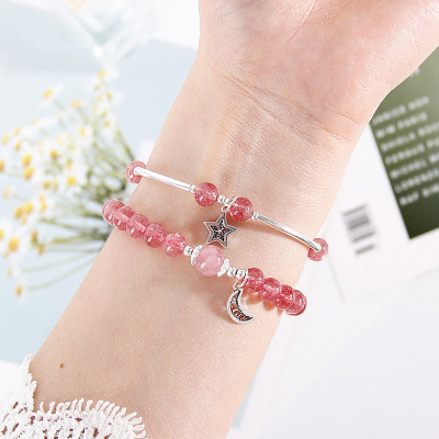 Vòng đôi đá thạch anh dâu phối charm trăng sao mệnh hỏa, thổ - Ngọc Quý Gemstones