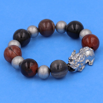 Vòng chuỗi đeo tay gỗ hóa thạch 14 ly ( size lớn ) charm tỳ hưu và bi inox, vòng tay chuỗi hạt