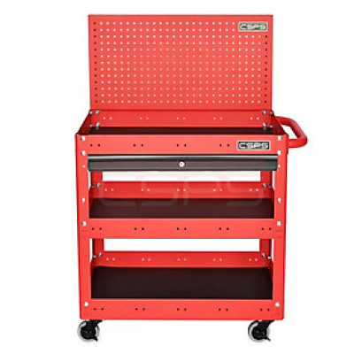 Xe đẩy CSPS 3 ngăn màu đỏ có vách lưới, hộc kéo màu đen