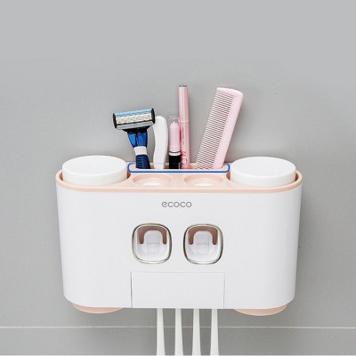 Hộp kệ đựng bàn chải kem đánh răng kèm 4 cốc 2 cửa nhả kem đánh răng thông minh dán tường vô cùng chắc chắn không cần khoan tường hay dùng ốc vít E-1802