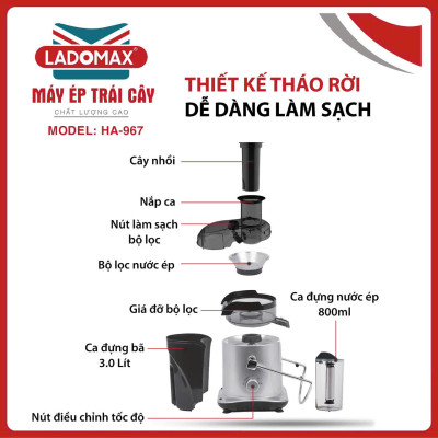 Máy ép trái cây cho quán 1180W thế hệ mới Ladomax HA-967 có chế độ vệ sinh lưới, ép kiệt bã-Hàng chính hãng