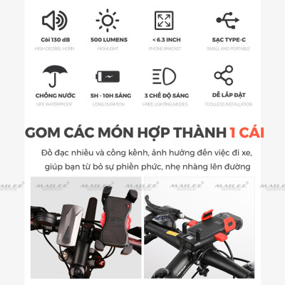 Đèn Còi Xe Đạp Giá Đỡ Điện Thoại 4 in 1 YQ-320 3000 mAh có dây điều khiển riêng còi và đèn, sạc TYPE-C độ sáng 500 lumens thời gian sáng 5-10h, phù hợp màn hình dưới 6.3 inch - Mai Lee