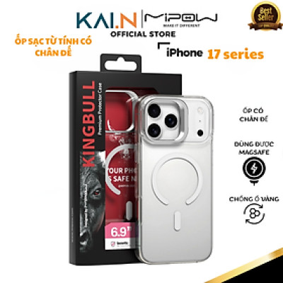 [dành cho Iphone 17] Ốp Lưng  Sạc Từ Tính có Chân Đế cho Iphone 17 Series Magnetic Mipow Kingbull Tempered Glass StandX_ Hàng chính hãng