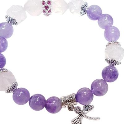 Vòng Tay Mệnh Hỏa, Thổ Đá Thạch Anh Tím, Hồng, Charm Chuồn Chuồn Laliz CM.02