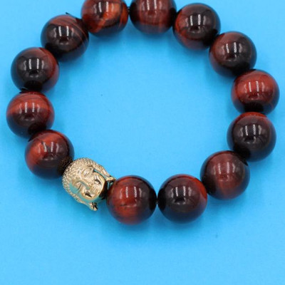 Chuỗi đeo tay đá mắt hổ đỏ đen 14 ly - cẩn hạt Như Lai Inox vàng VMHOENLV14 - hợp mệnh Hỏa, mệnh Thổ