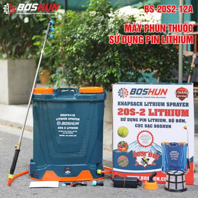 Máy Phun Thuốc Pin Lithium Boshun BS-20S2-12A, Dung tích 20L - Bơm đôi - Nạp 1 lần phun 30 bình - Bảo hành 12 tháng