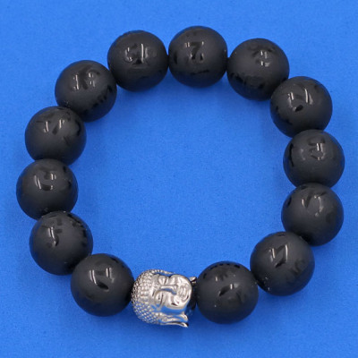 Vòng tay Đá Thạch Anh Đen Phật Chú 14 ly - cẩn hạt Như Lai inox trắng VTAEPMNLT14 - hợp mệnh Mộc, mệnh Thủy