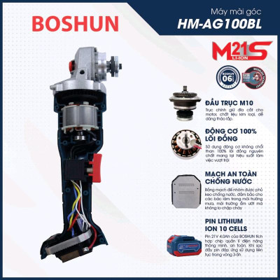 MÁY MÀI PIN BOSHUN BS_AG100BL K CHỔI THAN- ĐỘNG CƠ TỪ LÕI ĐỒNG - CHÂN PIN PHỔ THÔNG - BỘ GỒM 2 PIN 15Cell