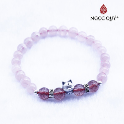 Vòng thạch anh hồng phối thạch anh dâu charm hồ ly 9 đuôi bạc - Ngọc Quý Gemstones
