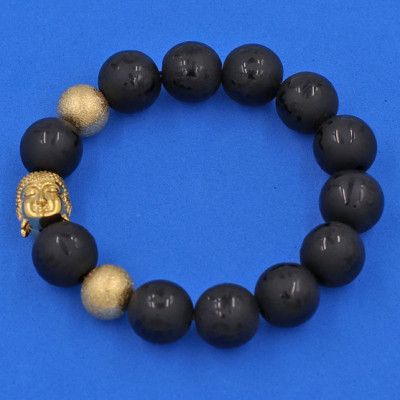 Vòng tay Thạch Anh Đen Khắc Phật Chú Chữ Mờ 14 ly - Vòng tay Phật A Di Đà inox vàng VTAEPMNLVHB14 - hợp mệnh Mộc, mệnh Thủy - Vòng đeo tay size lớn