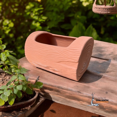 Chậu Gốm Đất Nung Hình Gốc Cây Ngang 40x20x25cm