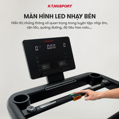 Máy chạy bộ KINGSPORT Vision Plus K-02 nâng dốc tự động 15%, tốc độ tối đa 18,8km/h, khung sườn chắc chắn chịu tải trọng lớn, cân nặng phù hợp từ dưới 95-100kg