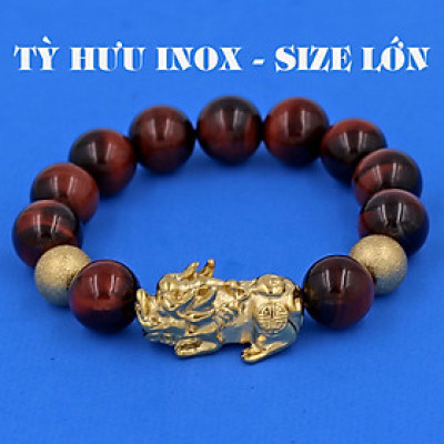 Vòng chuỗi đeo tay đá mắt hổ đen đỏ 14 ly ( size lớn ) charm tỳ hưu và bi inox vàng, vòng tay chuỗi hạt