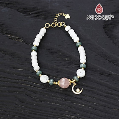 Vòng cẩm thạch phỉ thúy phối thạch anh hồng charm bạc mạ vàng - Ngọc Quý Gemstones