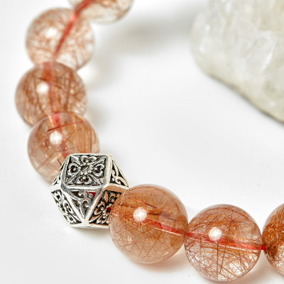 Vòng nam thạch anh tóc đỏ phối charm bạc hạt 14mm mệnh hỏa, thổ - Ngọc Quý Gemstones