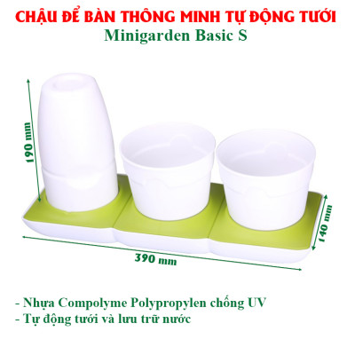 Chậu Để Bàn Thông Minh Tự Động Tưới và Tự động bón phân trong 2 tháng Minigarden Basic S Pots (1 bộ gồm 1 bình chứa nước, 2 chậu trồng và 3 túi dinh dưỡng). Phù hợp trồng cây trong gia đình, văn phòng với thiết kế gọn nhẹ, sang trọng và ít chăm sóc cây