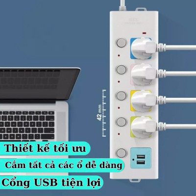 Ổ Cắm Điện Đa Năng Kết Hợp Ổ Cắm USB Chất Lượng Cao 4 Lỗ 3 Chấu Kéo Dài 1.8m Có Công Tắc Tải 2500W Nắp Chống Giật Chống Cháy Tiện Dụng An Toàn Chống Cháy Nổ