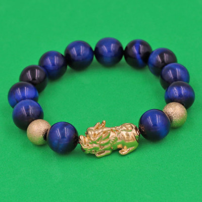 Vòng đeo tay Đá Mắt Hổ Xanh Đen 12 ly - cẩn Tỳ Hưu Phong Thủy inox vàng VMHXETHHBV12 - hợp mệnh Mộc, mệnh Thủy