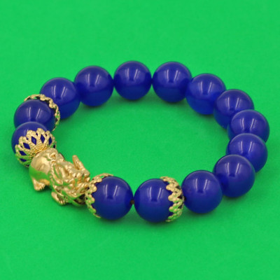 Vòng tay Thạch Anh Xanh Dương 12 ly - cẩn Tỳ Hưu Phong Thủy inox vàng VTAXDTHBKV12