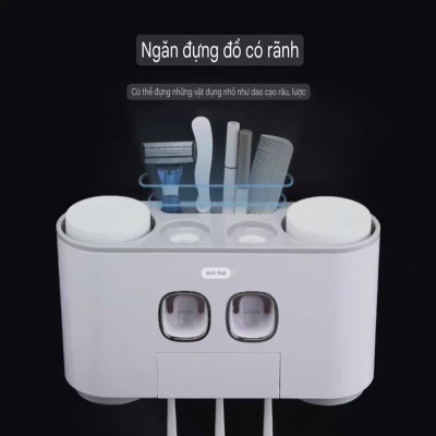 Hộp kệ đựng bàn chải kem đánh răng kèm 4 cốc 2 cửa nhả kem đánh răng thông minh dán tường vô cùng chắc chắn không cần khoan tường hay dùng ốc vít E-1802