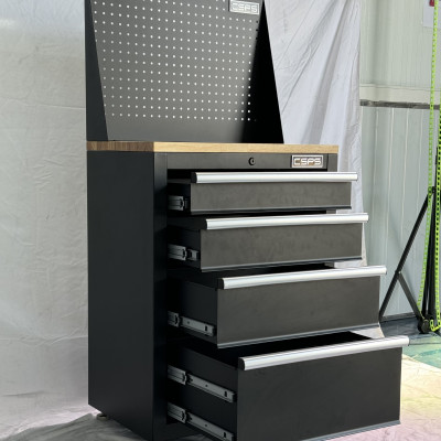 Tủ dụng cụ CSPS 61cm - 04 hộc kéo màu đen chân tăng chỉnh ván gỗ vách lưới (tay cầm trắng)