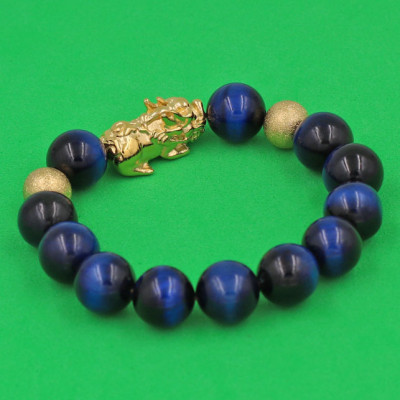 Vòng đeo tay Đá Mắt Hổ Xanh Đen 12 ly - cẩn Tỳ Hưu Phong Thủy inox vàng VMHXETHHBV12 - hợp mệnh Mộc, mệnh Thủy