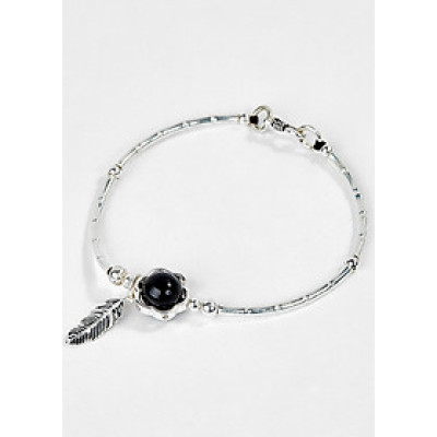 Vòng Bạc Hạt Đá Obsidian Phối Charm Lá Ngọc Quý Gemstones