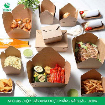 MFHG3N -100 hộp giấy kraft thực phẩm 1400ml, hộp giấy nắp gập màu nâu đựng thức ăn, hộp giấy nắp gài gói đồ ăn mang đi 
