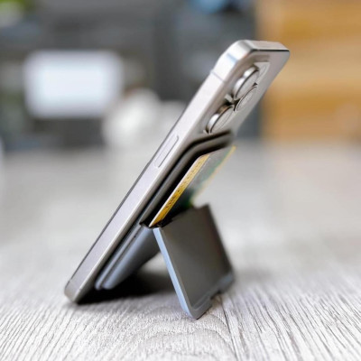 Ví da đựng thẻ nam châm hút từ tính WI WU Mag Wallet MW-001 tích hợp giá đỡ điện thoại gập gọn gắn sau điện thoại i Phone - Hàng chính hãng