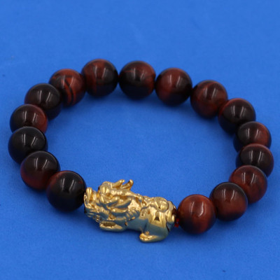 Vòng tay chuỗi hạt Tỳ Hưu inox vàng mix Đá Mắt Hổ Đỏ Đen 10 ly - hợp mệnh Hỏa, mệnh Thổ