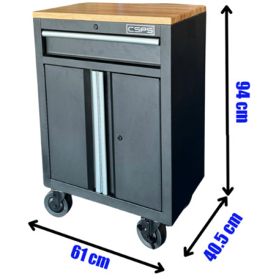 Tủ dụng cụ CSPS 61cm - 01 hộc kéo màu đen bánh xe ván gỗ (tay cầm trắng)