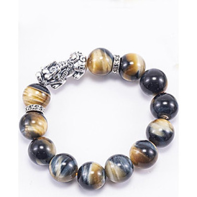 Vòng Tay Phong Thủy Nam Đá Mắt Chim Ưng Phối Charm Tỳ Hưu Bạc (14mm) Mệnh Thủy, Mộc Ngọc Quý Gemstones