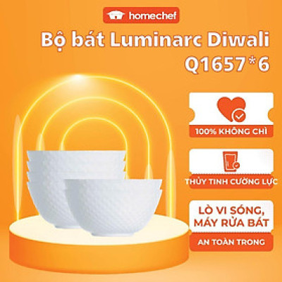 Bộ 6 bát tô thủy tinh Luminarc Diwali Precious 18cm Q1657*6, dùng lò vi sóng, máy rửa bát