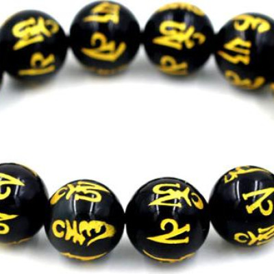 Hạt chuỗi thạch anh đen mạ vàng Phật chú 14 ly 14 hạt