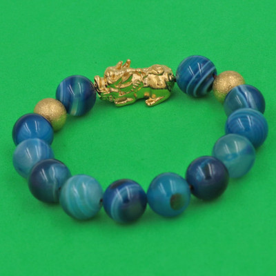 Vòng đeo tay Thạch Anh Xanh Biển Sọc 12 ly - cẩn Tỳ Hưu Phong Thủy inox vàng VTAXBSTHHBV12 - hợp mệnh Mộc, mệnh Thủy