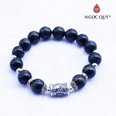 Vòng thạch anh mắt hổ xanh đen phối charm lục tự bạc mệnh thủy, mộc - Ngọc Quý Gemstones