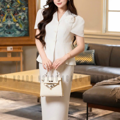 Set áo váy trắng cổ vest NGADO , set áo váy dài , set áo váy công sở , dự tiệc