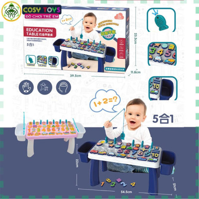 Bàn học chữ số thông minh 5 trong1 có câu cá nam châm 40 chi tiết: câu cá và ghép số, nhân vật, phương tiện giao thông, hình khối học đếm - HENRYSA