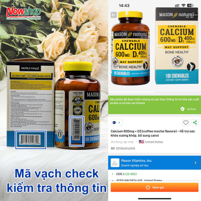 Calcium 600MG + D3 Mason Natural Hộp 100 viên tăng chiều cao xương răng chắc khỏe ngừa loãng xương