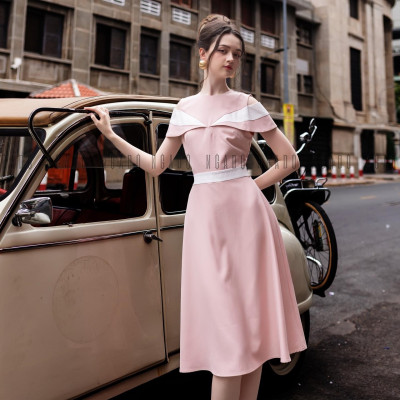 Đầm hồng tay con phối trắng NGADO