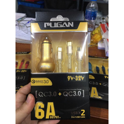 Tẩu sạc nhanh kèm dây cáp 3 đầu Ô tô chính hãng Pugan với 2 chức năng sạc thông minh và sạc siêu tốc 4.8A