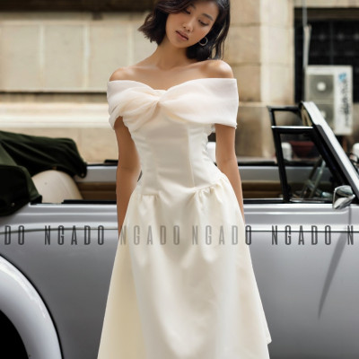 Đầm bẹt vai phối voan kem NGADO, Đầm dự tiệc sang chảnh, Đầm hở vai